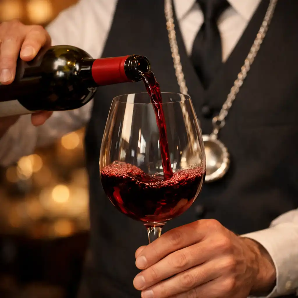 Sommelier nalewa czerwone wino do kieliszka w eleganckiej restauracji