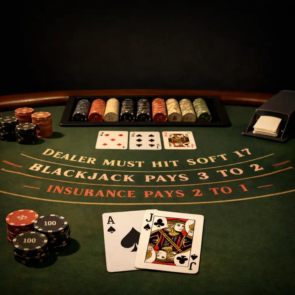 Stół do blackjacka z zielonym suknem, kartami i obszarem krupiera widzianym z perspektywy gracza