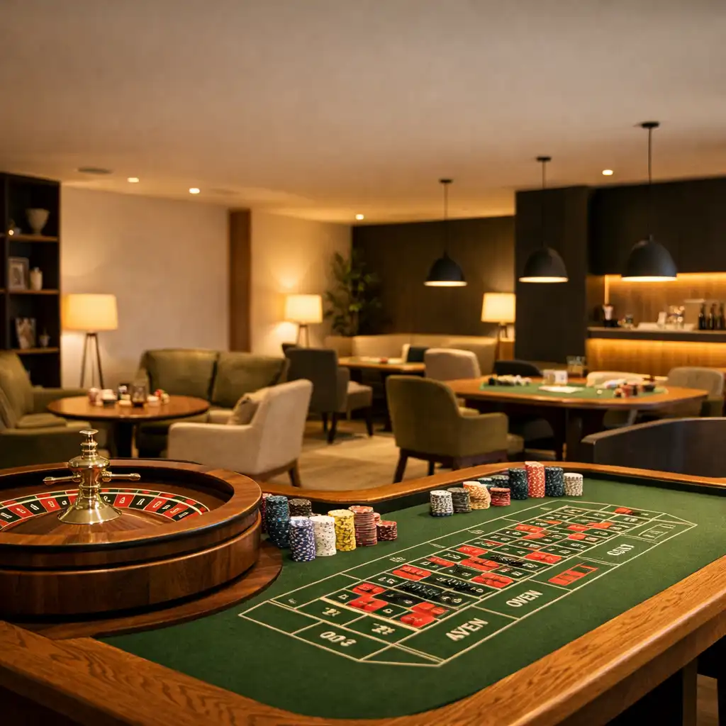 Elegancki salon gier VELVET TABLE z ciepłym oświetleniem, stołem do ruletki i miękkimi fotelami