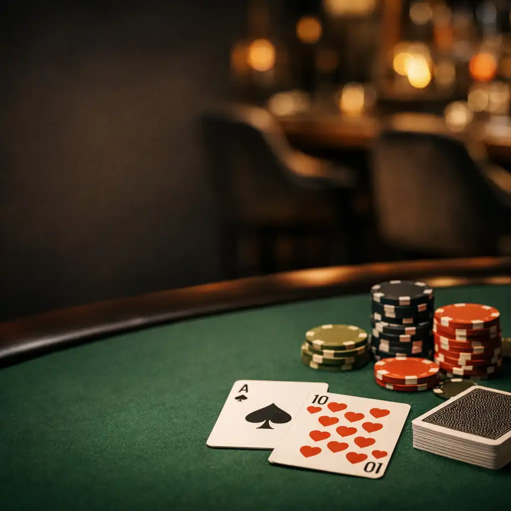 Stół w casino lounge VELVET TABLE z zielonym suknem, talią kart i żetonami w ciepłym wieczornym świetle