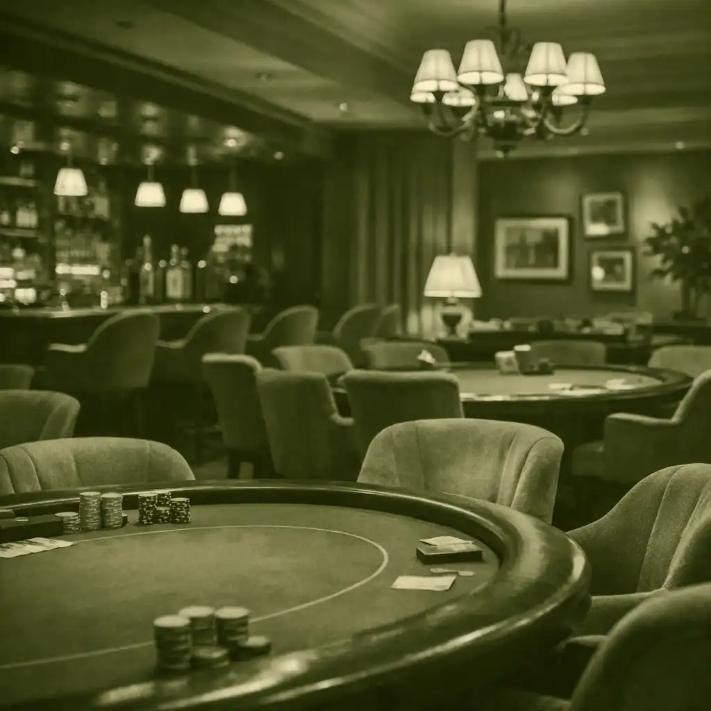 Elegancka strefa casino lounge z kartami i stolikami do gry
