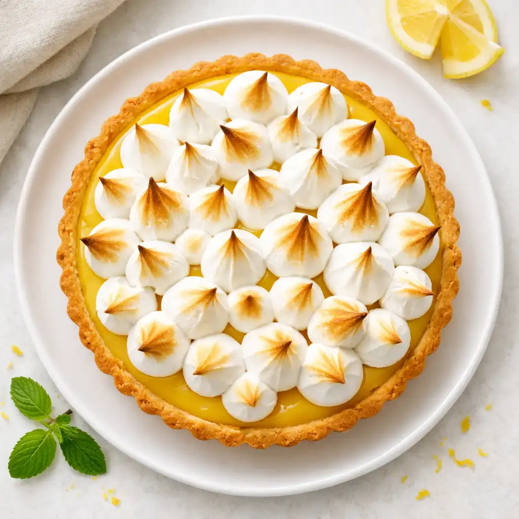 Tarta cytrynowa z bezą na białym talerzu