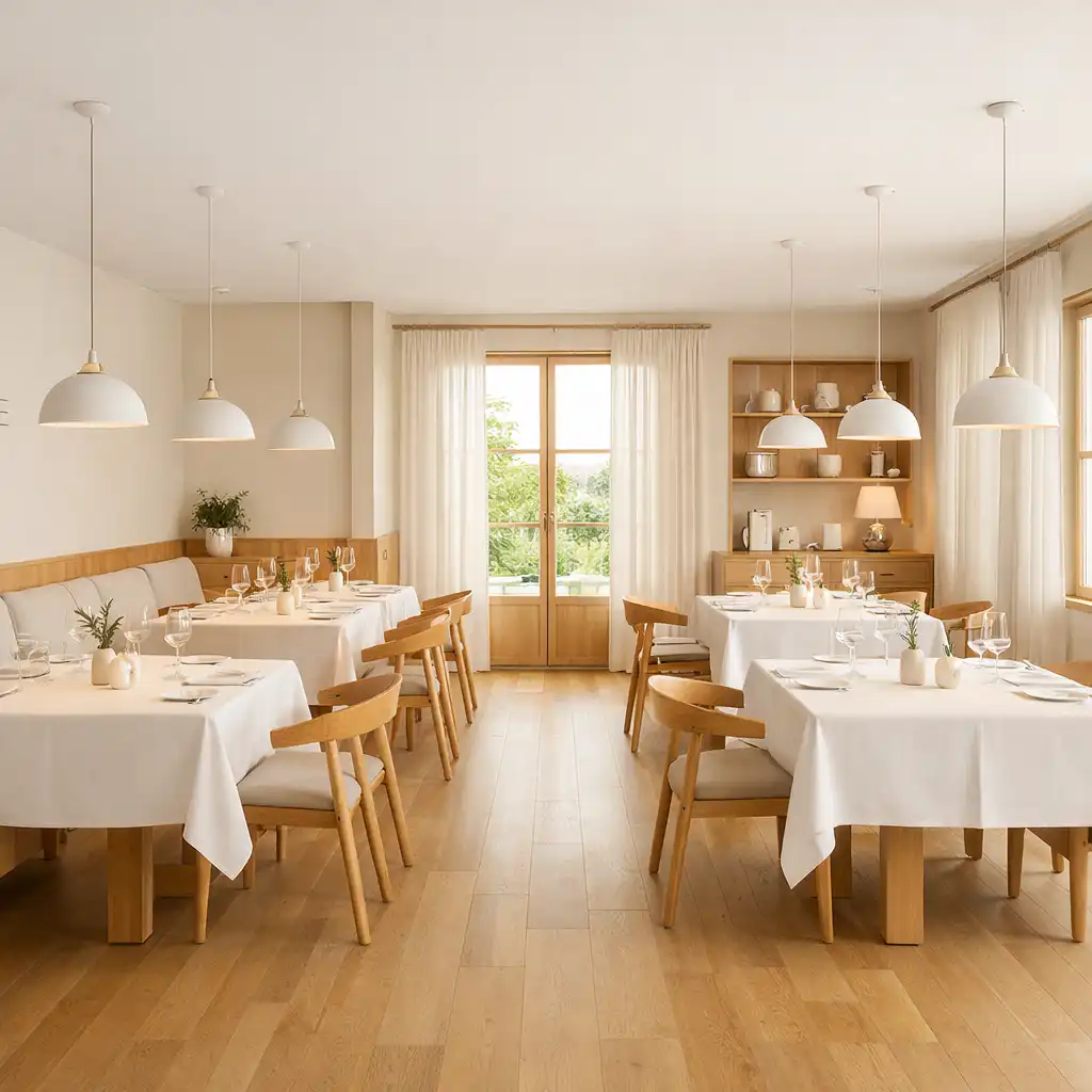Przestronna sala restauracyjna VELVET TABLE z eleganckimi stolikami i dużymi oknami