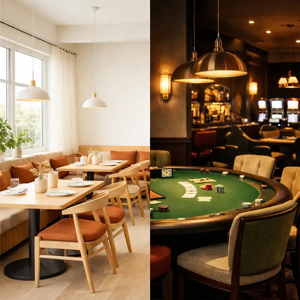 Przejście od jasnego wnętrza restauracji VELVET TABLE do nastrojowego casino lounge wieczorem