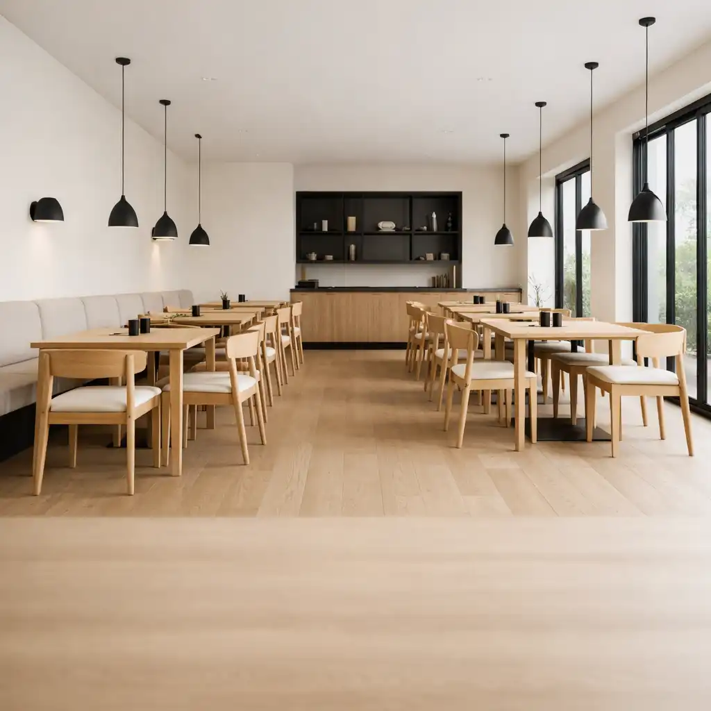 Główna sala restauracji VELVET TABLE z ciepłymi białymi ścianami, dębowymi meblami i dużymi oknami wpuszczającymi naturalne światło
