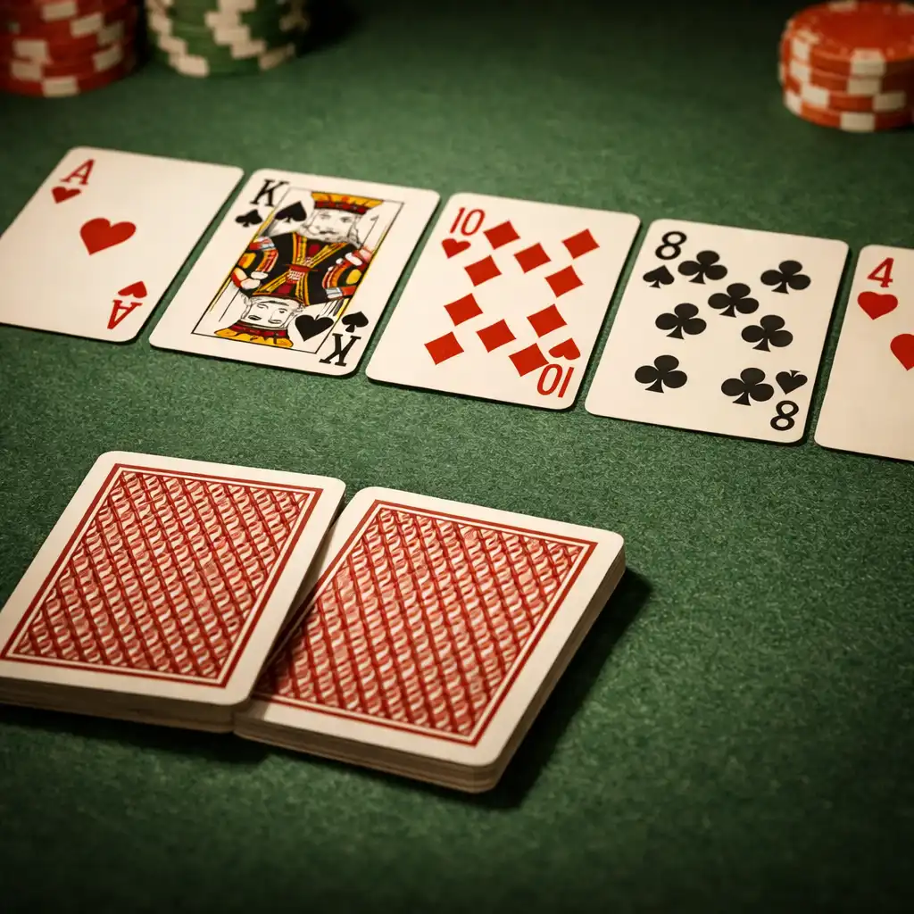Zbliżenie na rozdanie Texas Hold'em z kartami własnymi i wspólnymi na stole w VELVET TABLE