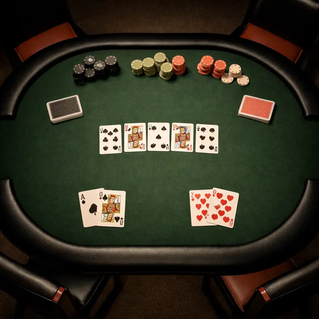 Stół pokerowy widziany z góry z zielonym suknem, rozłożonymi kartami i stosami żetonów