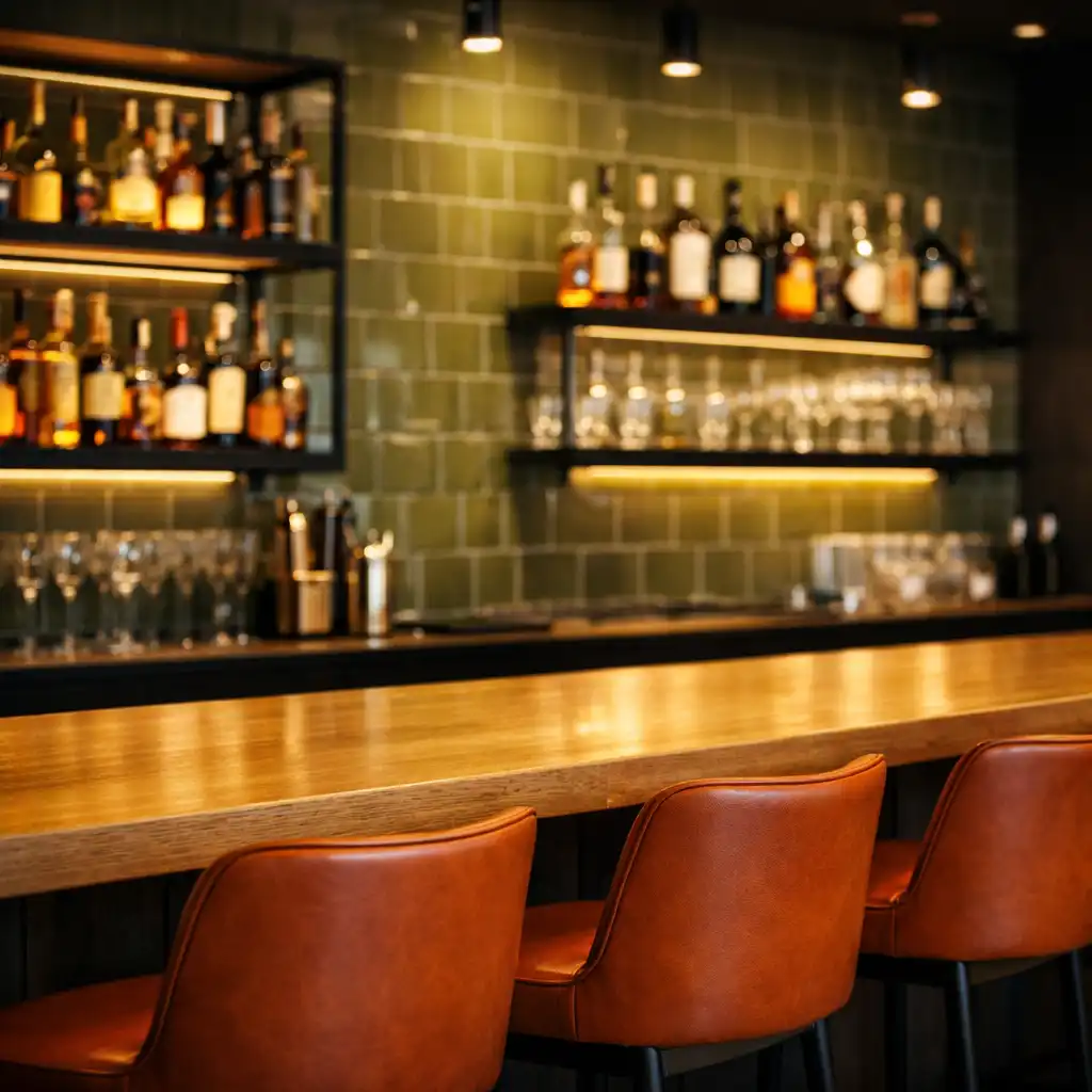 Bar VELVET TABLE z dębowym blatem, oliwkowymi płytkami i terakotowymi hokerami