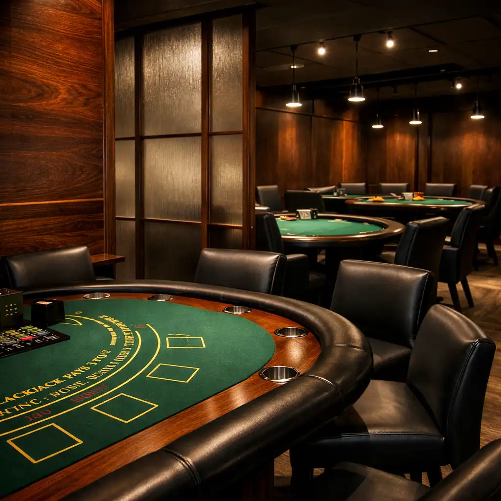 Casino lounge VELVET TABLE z ciemnymi stołami do gier, zielonym suknem i skórzanymi fotelami