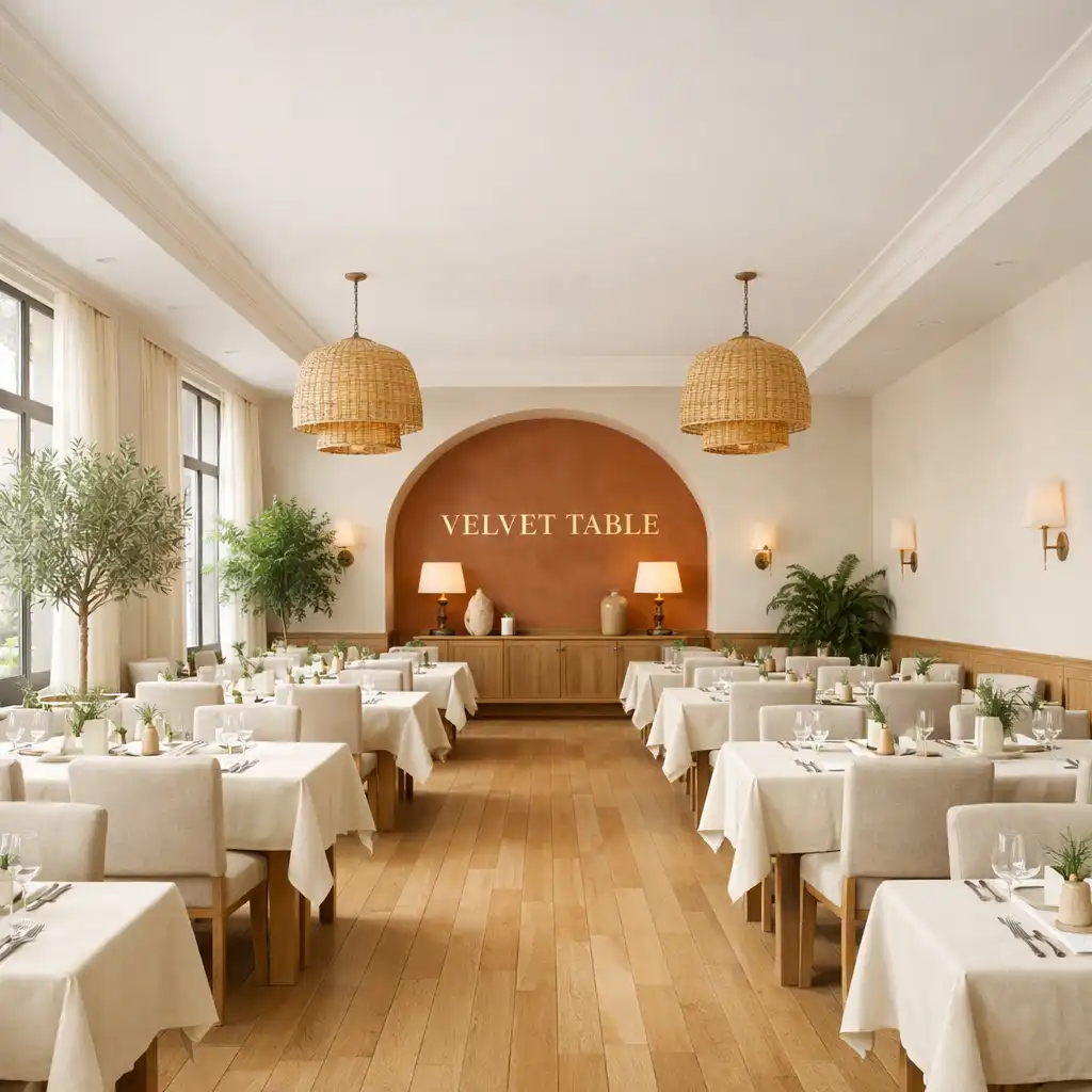 Główna sala restauracyjna VELVET TABLE z drewnianymi stołami, lnianymi obrusami i naturalnym światłem